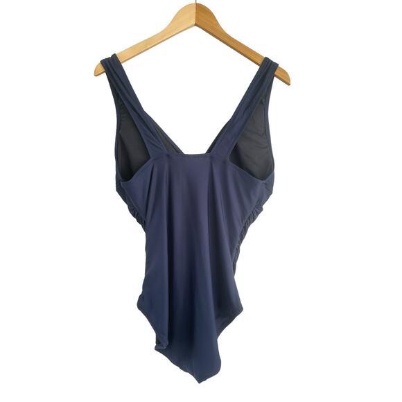 J Crew Ruched V Neck Navy Blue Full Low Cut Leg UPF 50 One Piece Swim Size 16 - Picture 6 of 8